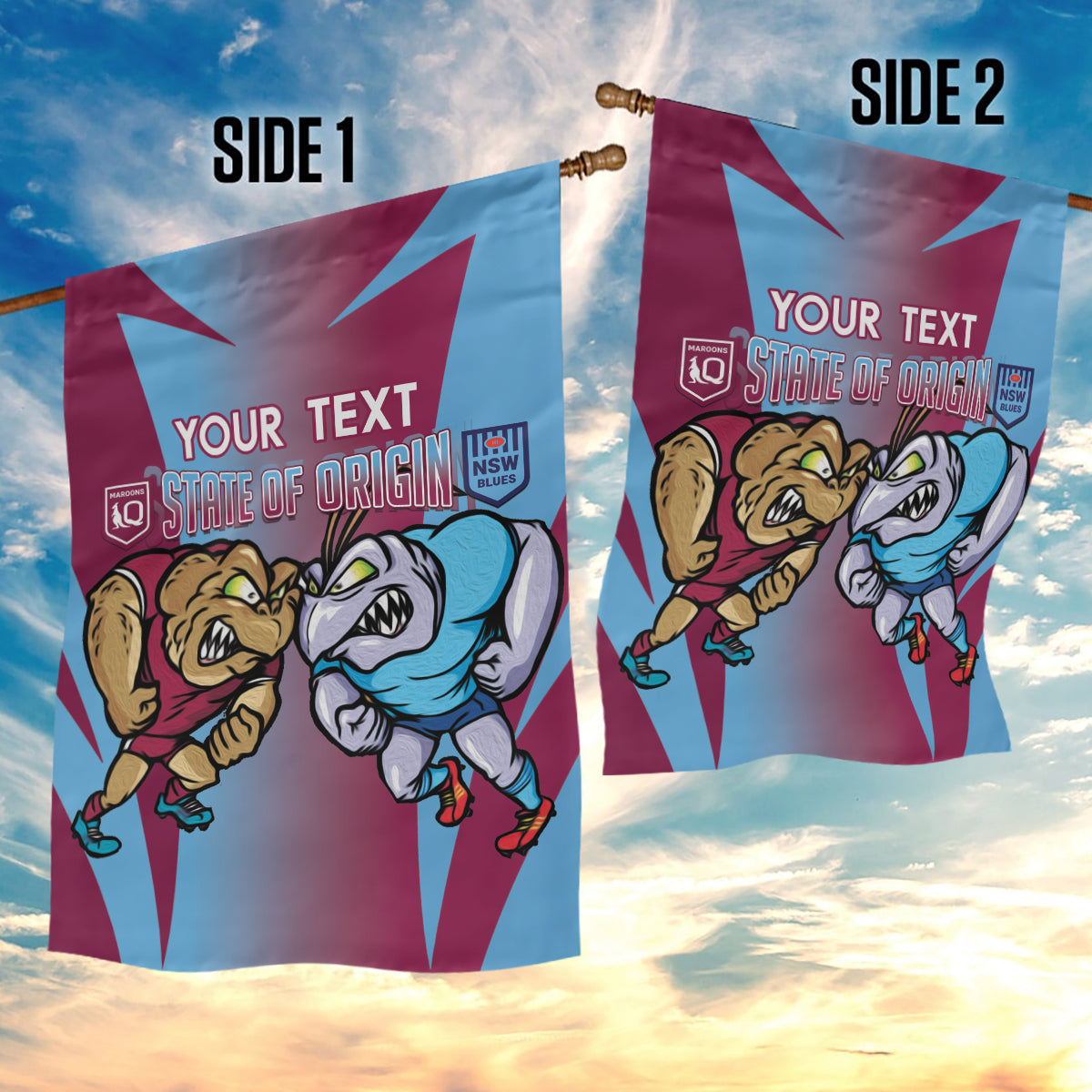 Custom NSW Blues And QLD Maroons Rugby Garden Flag 2024 Cockroaches Cane toads Together - Vibe Hoodie Shop