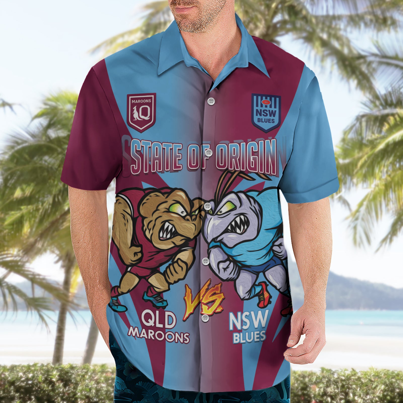 Custom NSW Blues And QLD Maroons Rugby Hawaiian Shirt 2024 Cockroaches Cane toads Together - Vibe Hoodie Shop