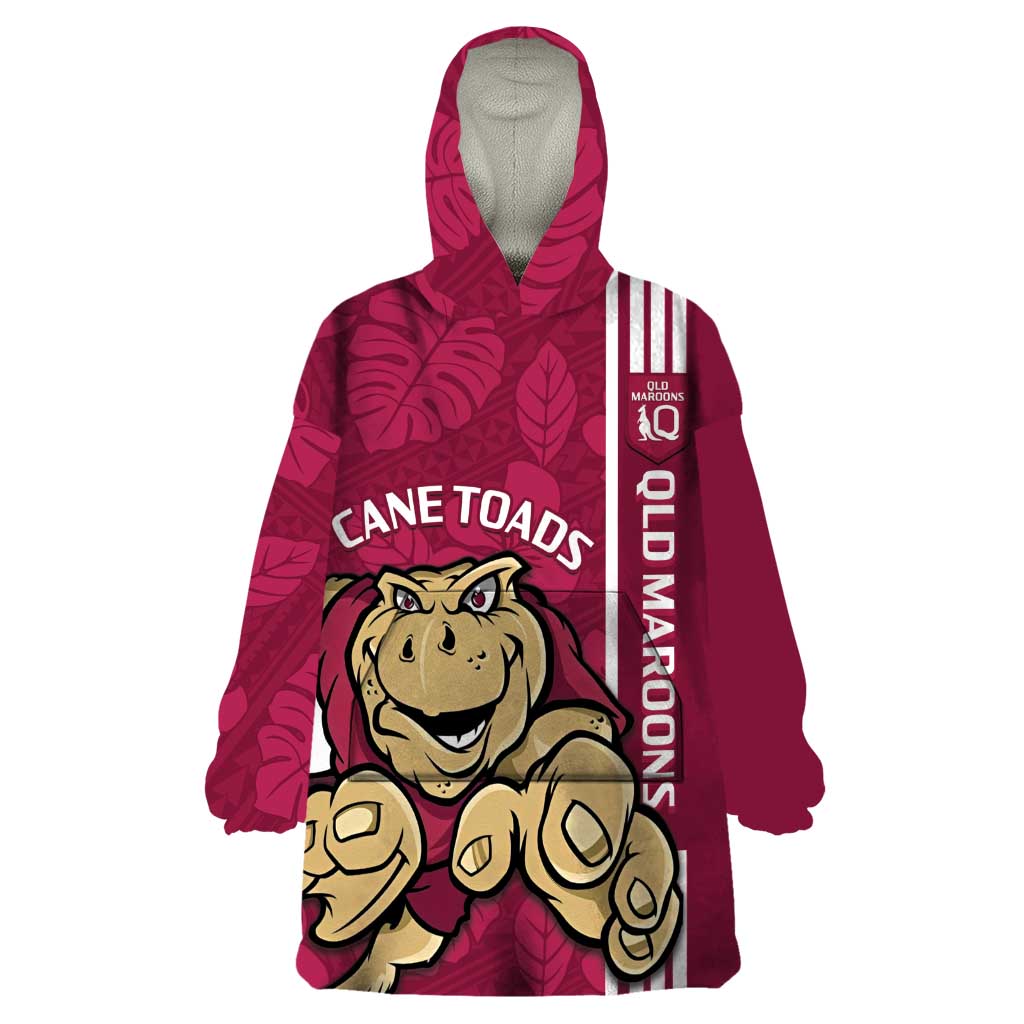 Custom QLD Maroons Rugby Wearable Blanket Hoodie Cane Toads Polynesian Pattern Tropical Vibes - Vibe Hoodie Shop