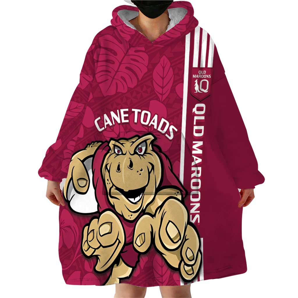 Custom QLD Maroons Rugby Wearable Blanket Hoodie Cane Toads Polynesian Pattern Tropical Vibes - Vibe Hoodie Shop