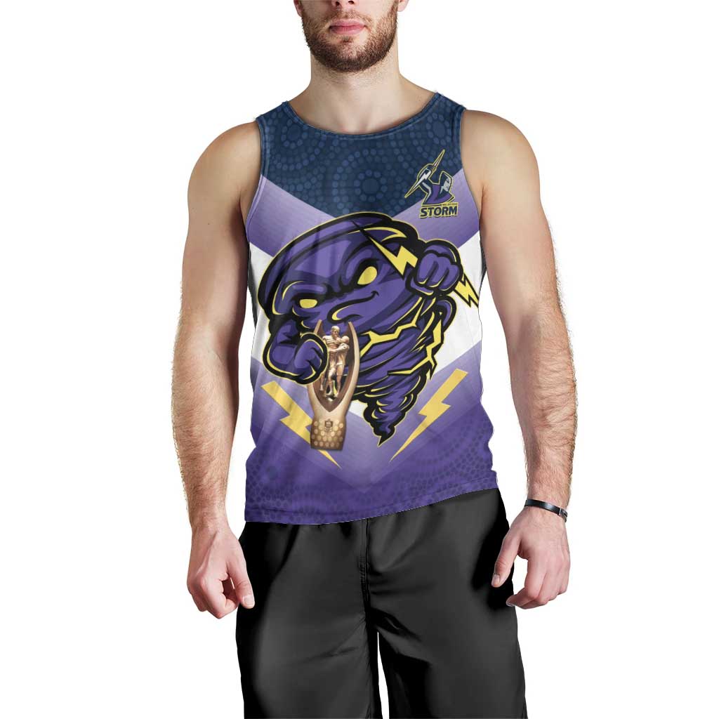 Personalised Storm Rugby 2024 Men Tank Top Mascot With Trophy Go Champions Aboriginal Art - Vibe Hoodie Shop