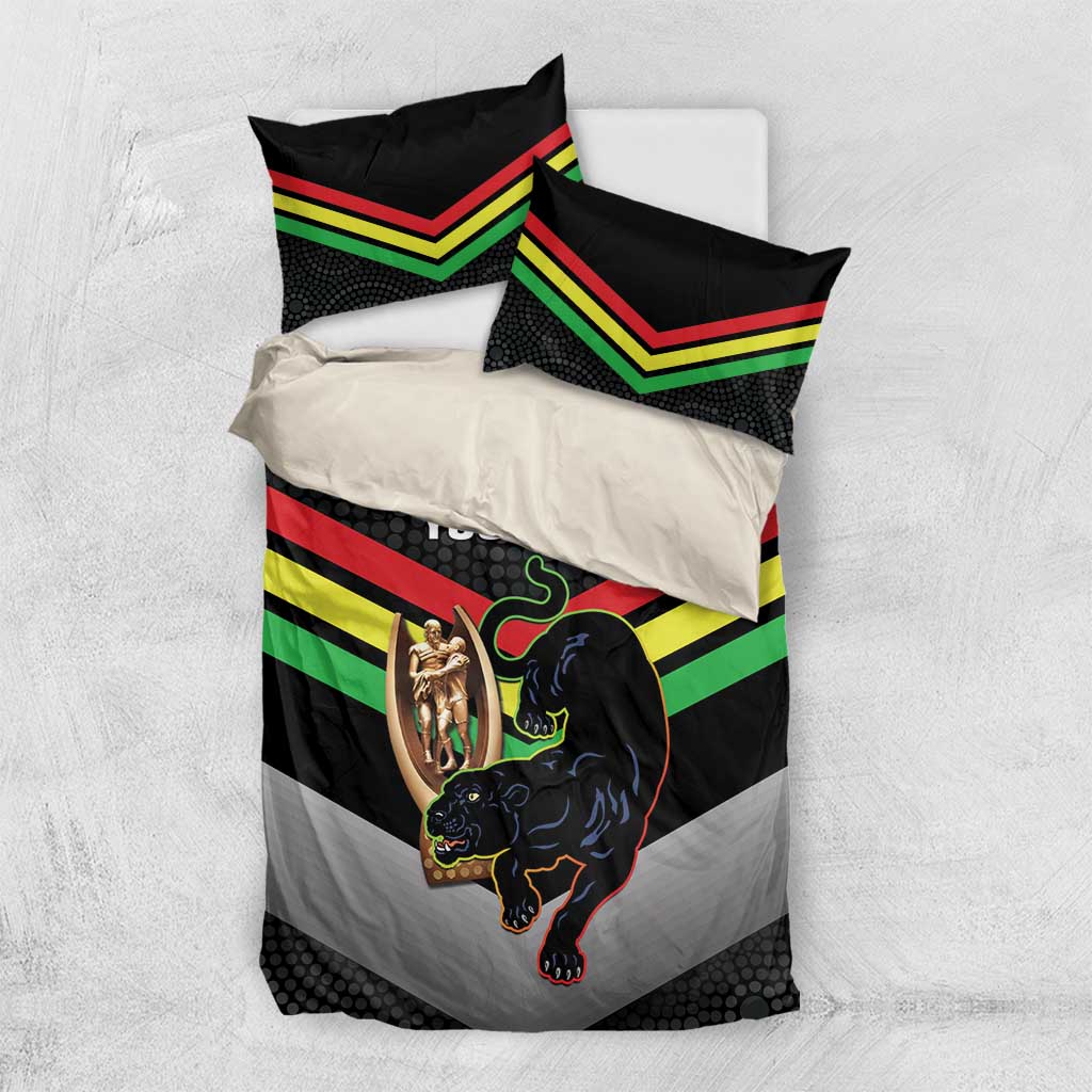 Personalised Panthers Rugby 2024 Bedding Set Mascot With Trophy Go Champions Aboriginal Art - Vibe Hoodie Shop