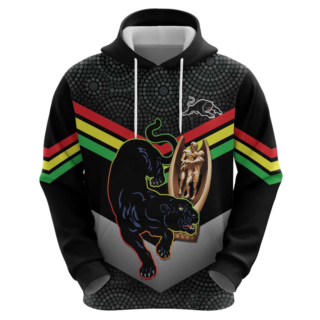 Personalised Panthers Rugby 2024 Hoodie Mascot With Trophy Go Champions Aboriginal Art - Vibe Hoodie Shop