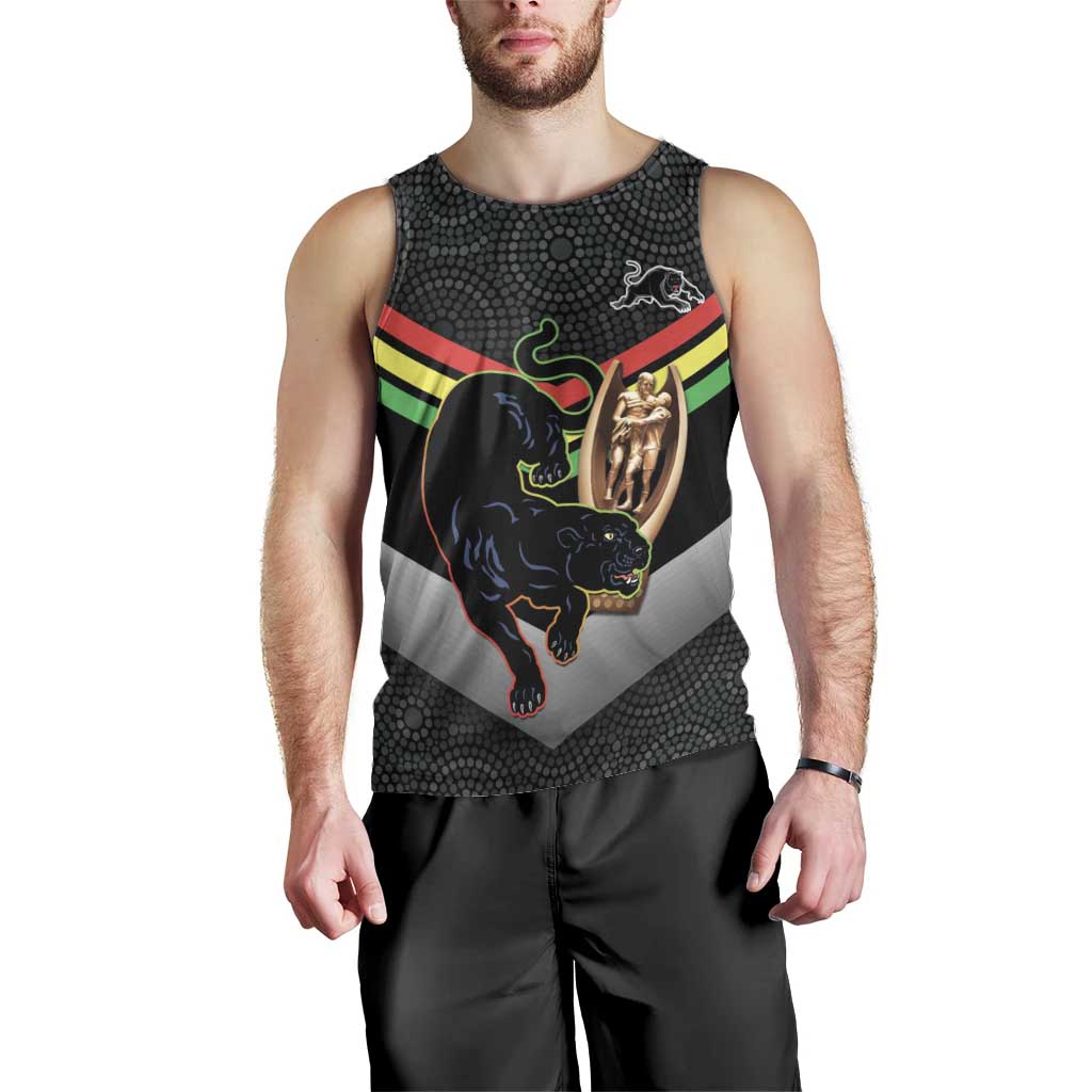 Personalised Panthers Rugby 2024 Men Tank Top Mascot With Trophy Go Champions Aboriginal Art - Vibe Hoodie Shop
