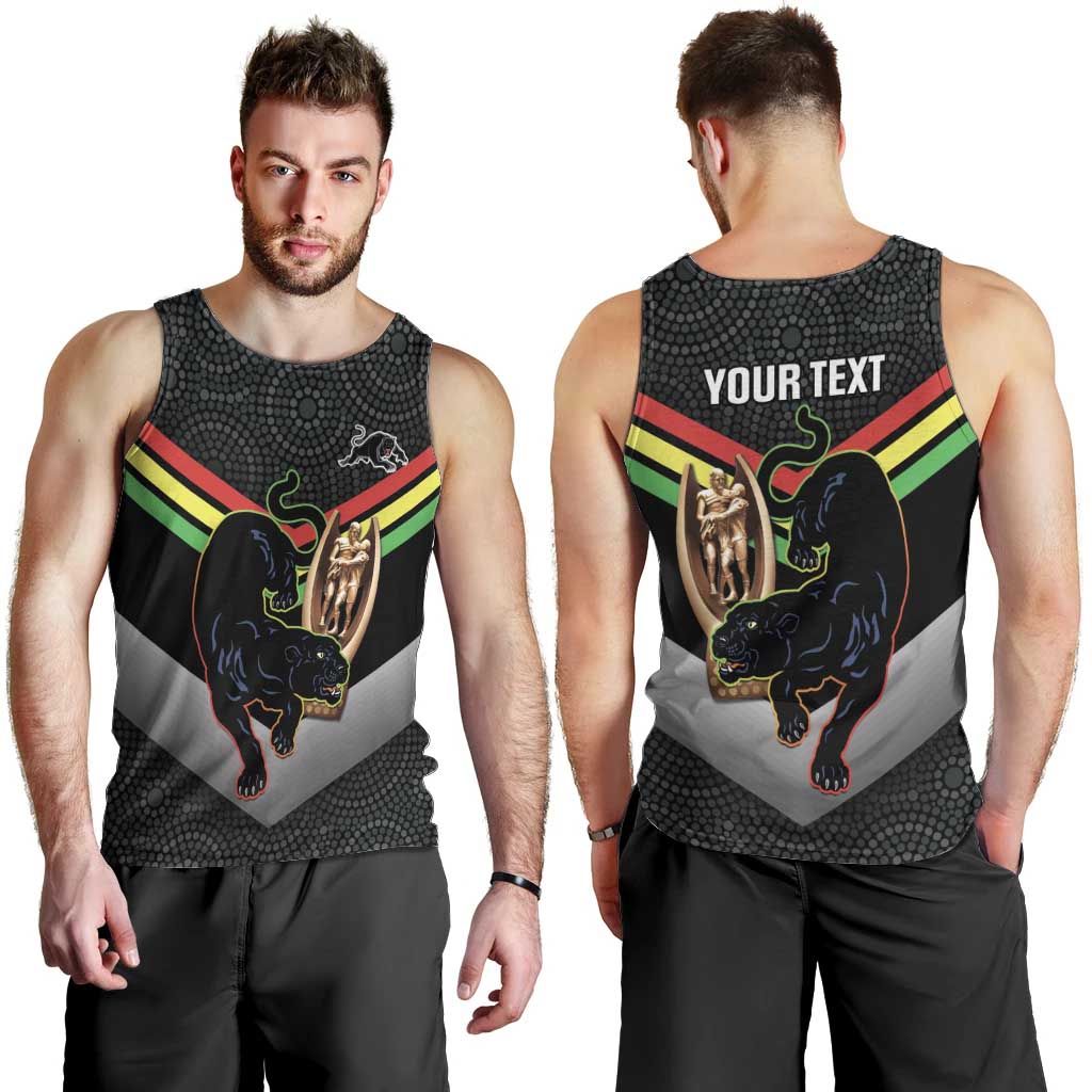 Personalised Panthers Rugby 2024 Men Tank Top Mascot With Trophy Go Champions Aboriginal Art - Vibe Hoodie Shop