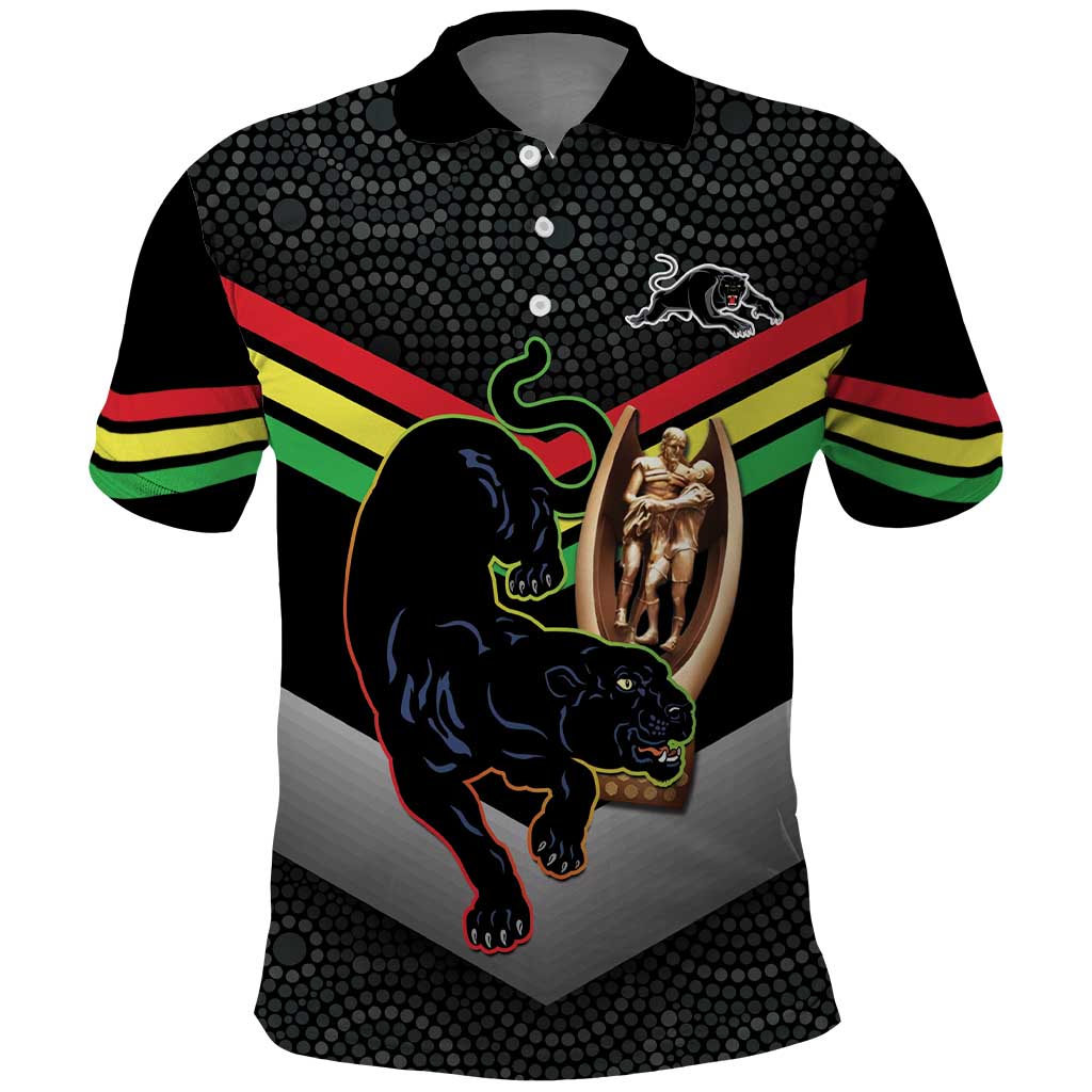 Personalised Panthers Rugby 2024 Polo Shirt Mascot With Trophy Go Champions Aboriginal Art - Vibe Hoodie Shop