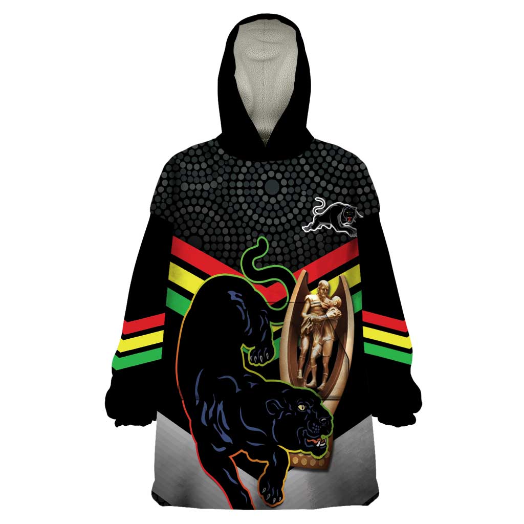 Personalised Panthers Rugby 2024 Wearable Blanket Hoodie Mascot With Trophy Go Champions Aboriginal Art - Vibe Hoodie Shop