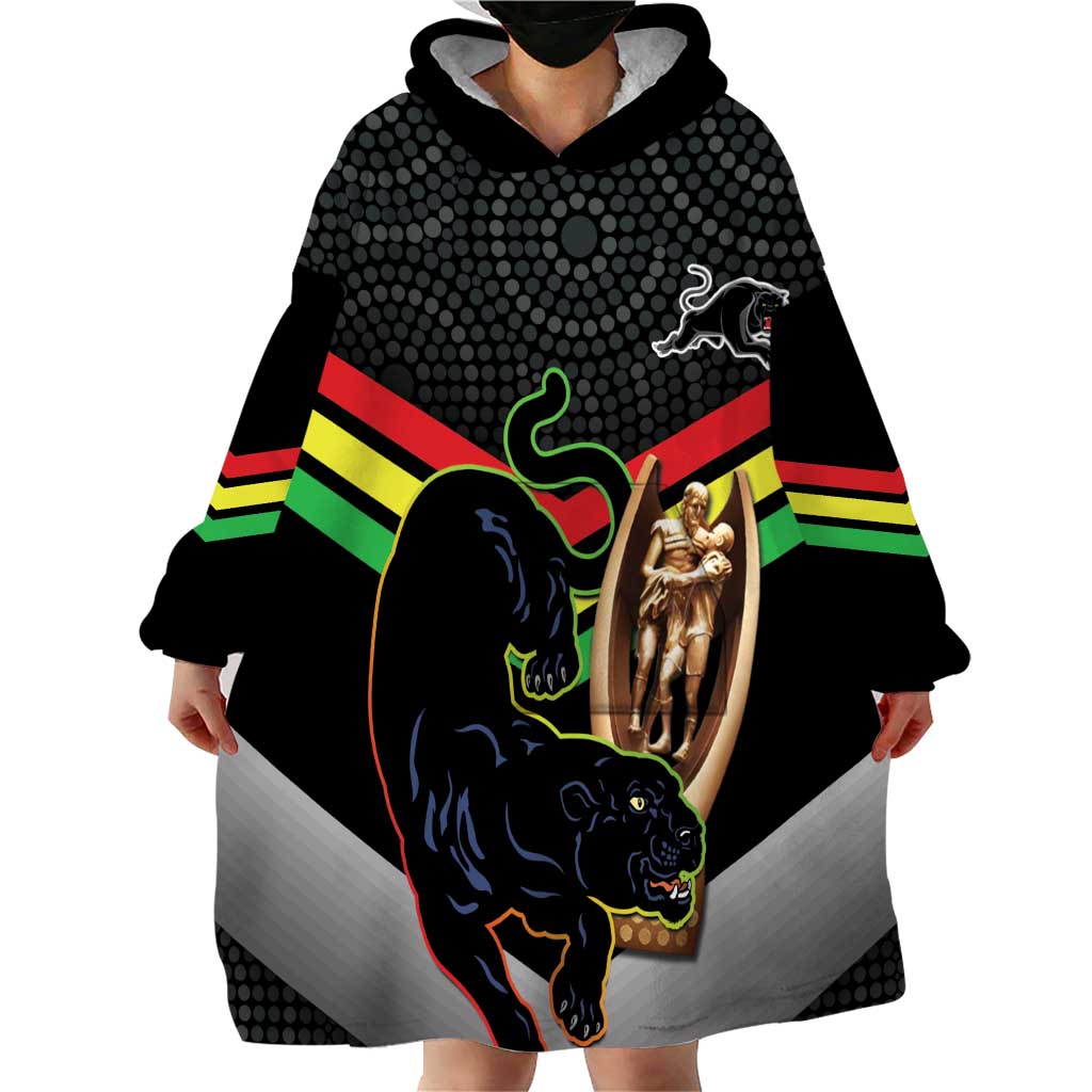 Personalised Panthers Rugby 2024 Wearable Blanket Hoodie Mascot With Trophy Go Champions Aboriginal Art - Vibe Hoodie Shop