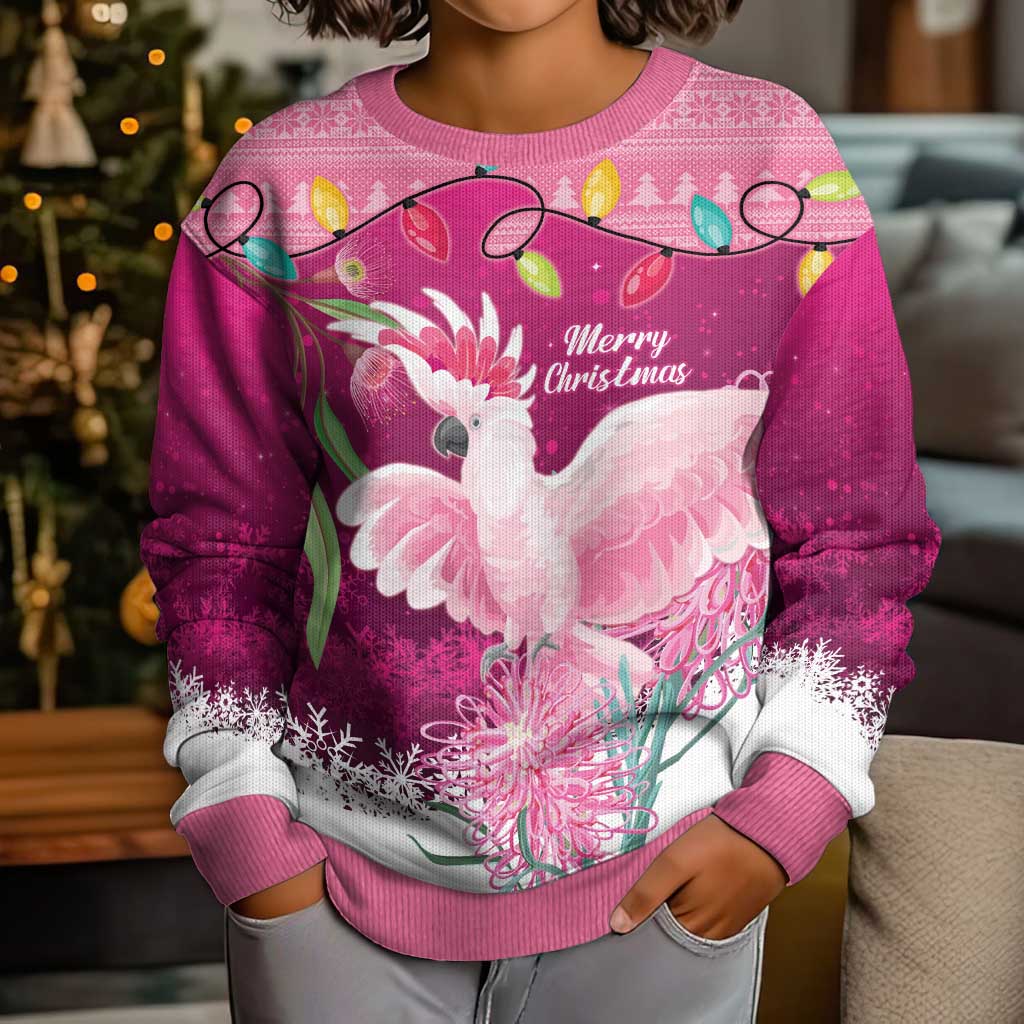 Pink Cockatoo Australia Christmas Kid Ugly Christmas Sweater Grevillea Eucalyptus Blossoms - Vibe Hoodie