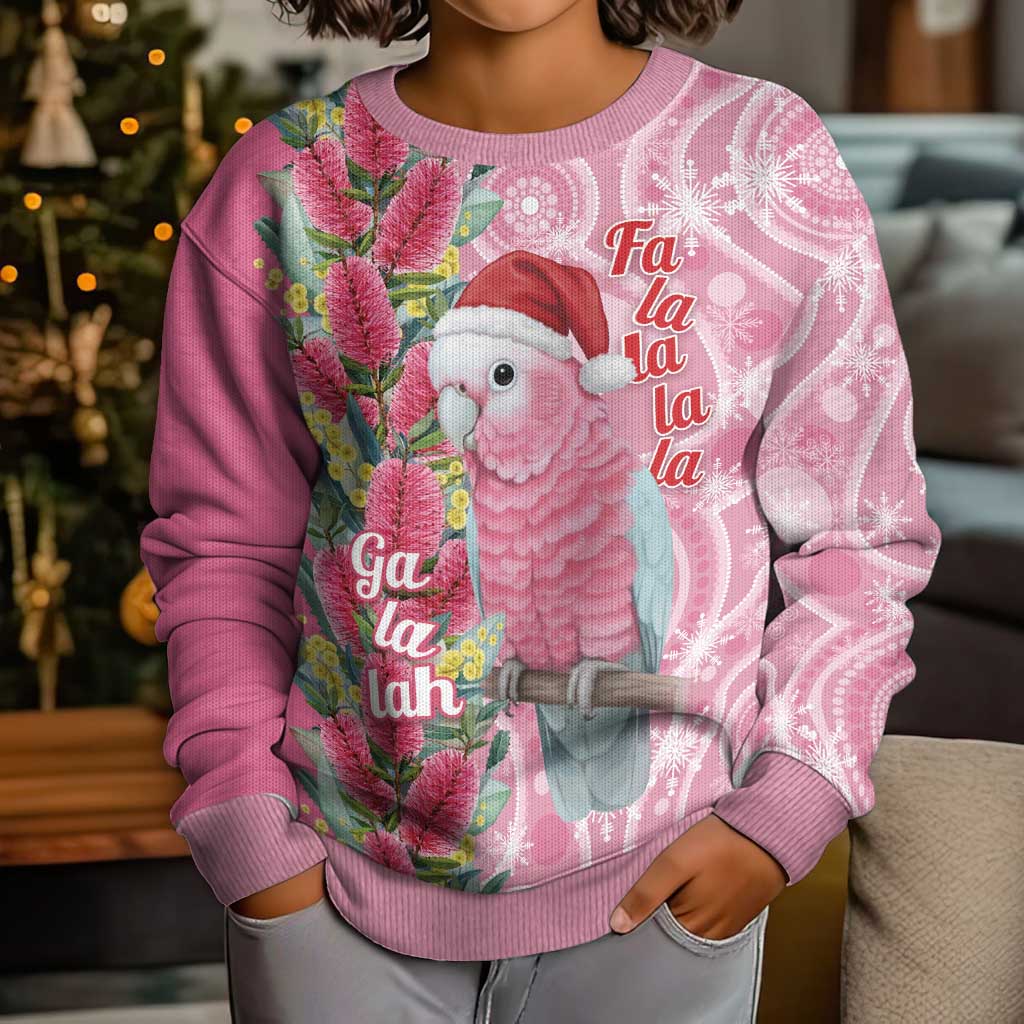 Australia Pink Galah Christmas Kid Ugly Christmas Sweater Falalalala Galalah Bottlebrush Aboriginal Art - Vibe Hoodie