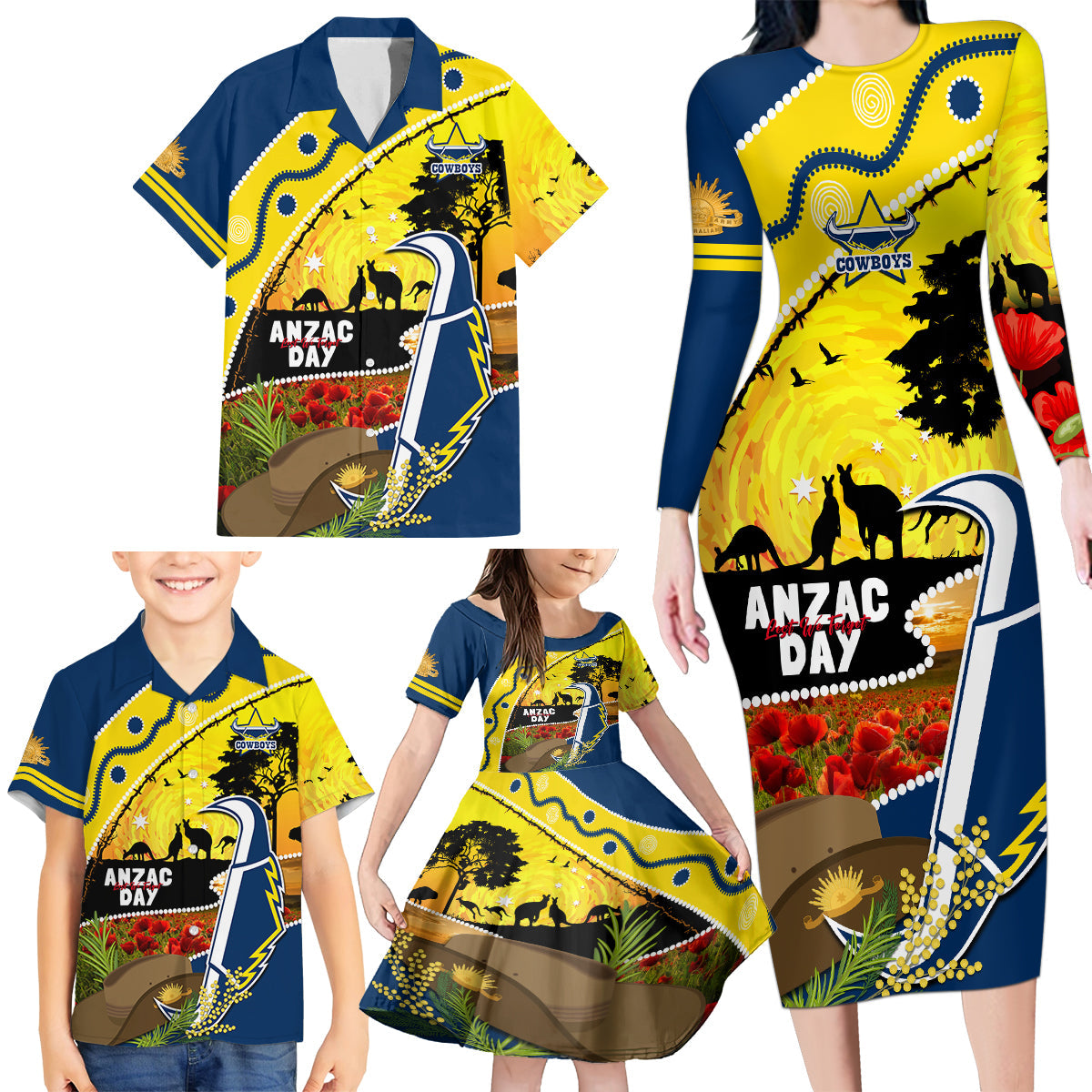 Cowboys ANZAC Day Family Matching Long Sleeve Bodycon Dress and Hawaiian Shirt Rosemary Starring Night Style