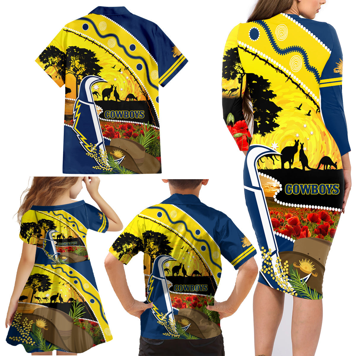 Cowboys ANZAC Day Family Matching Long Sleeve Bodycon Dress and Hawaiian Shirt Rosemary Starring Night Style