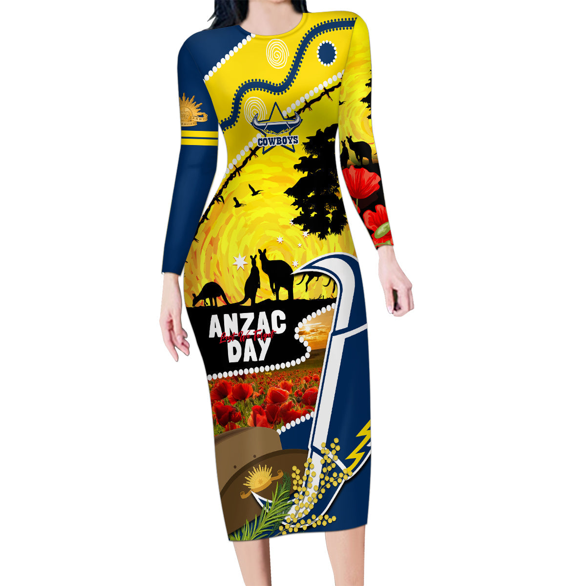 Cowboys ANZAC Day Family Matching Long Sleeve Bodycon Dress and Hawaiian Shirt Rosemary Starring Night Style