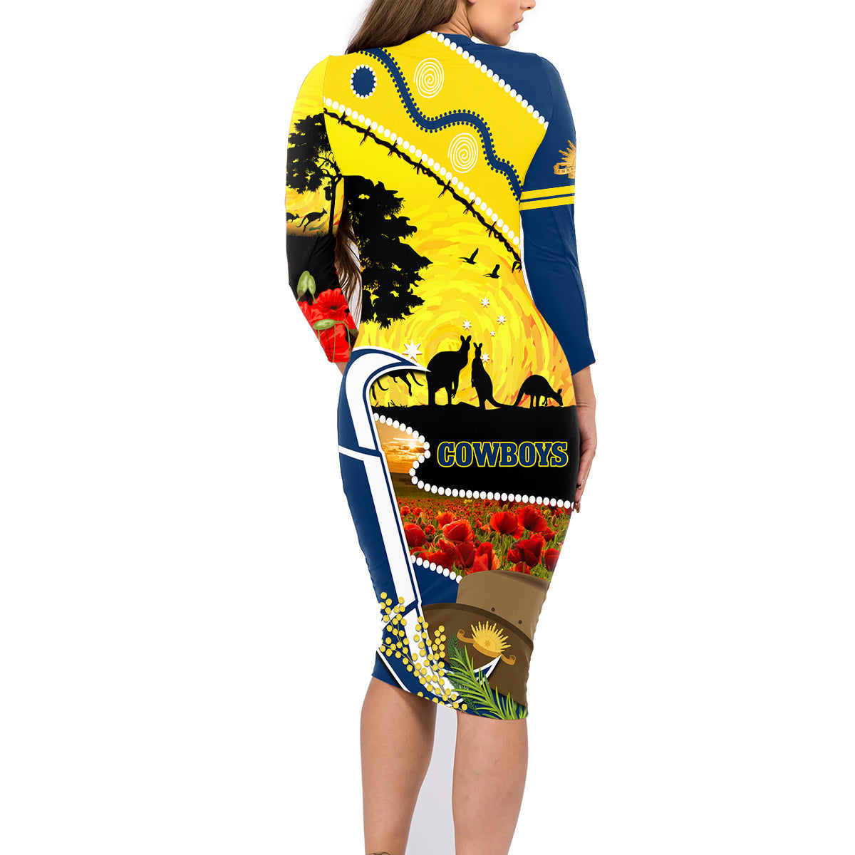 Cowboys ANZAC Day Family Matching Long Sleeve Bodycon Dress and Hawaiian Shirt Rosemary Starring Night Style