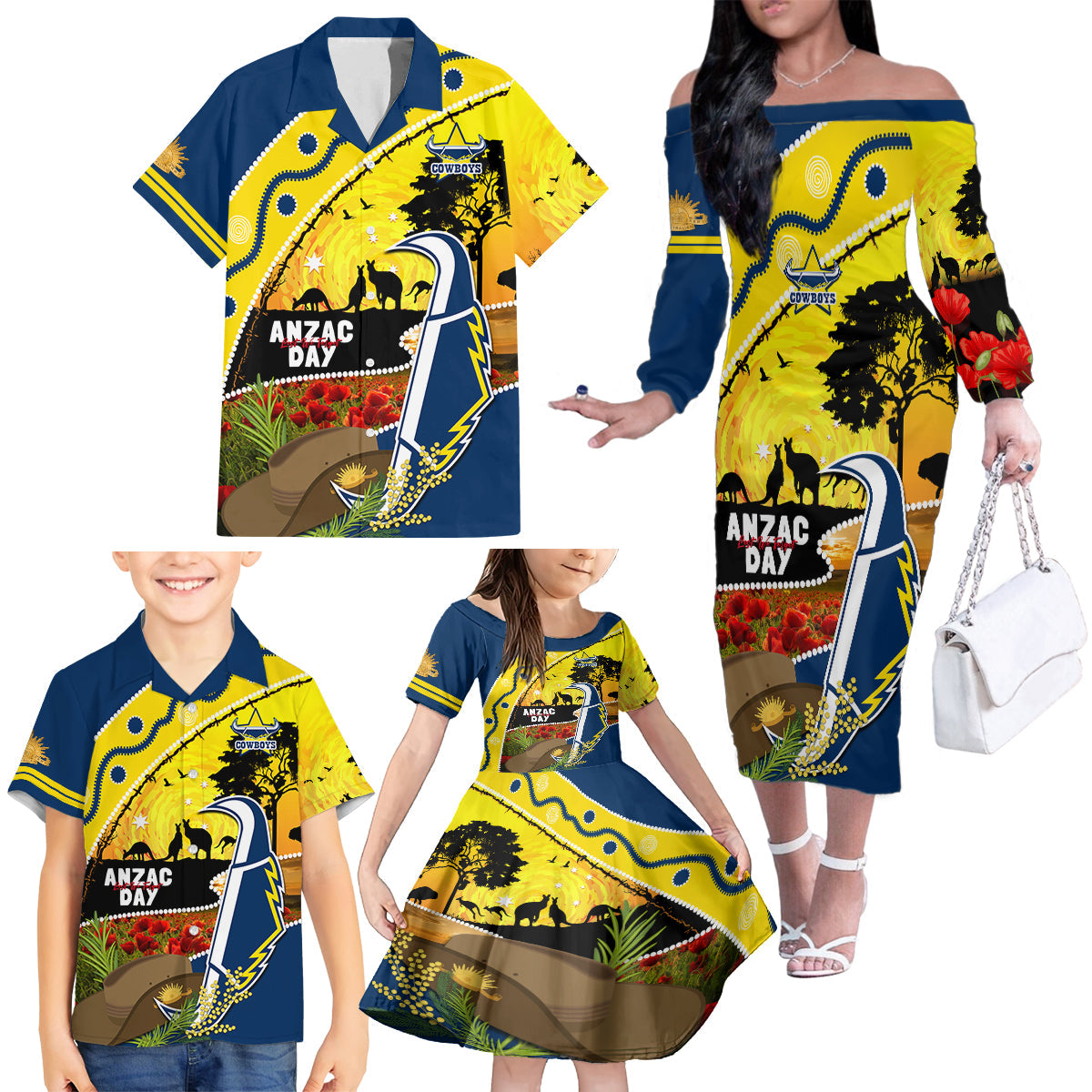 Cowboys ANZAC Day Family Matching Off Shoulder Long Sleeve Dress and Hawaiian Shirt Rosemary Starring Night Style