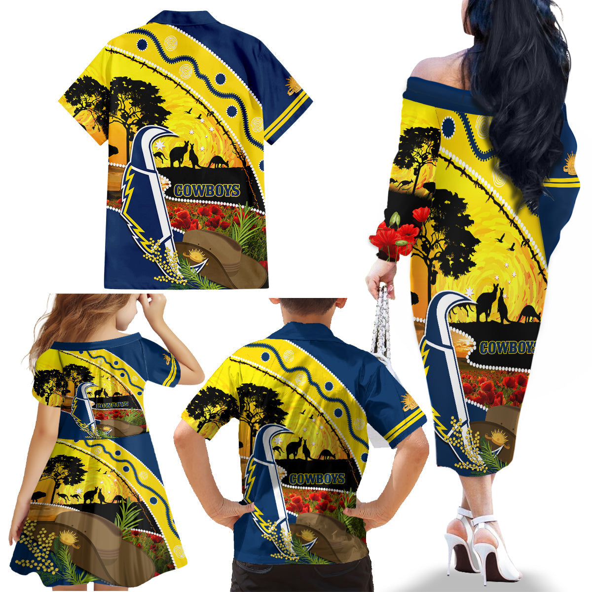 Cowboys ANZAC Day Family Matching Off Shoulder Long Sleeve Dress and Hawaiian Shirt Rosemary Starring Night Style