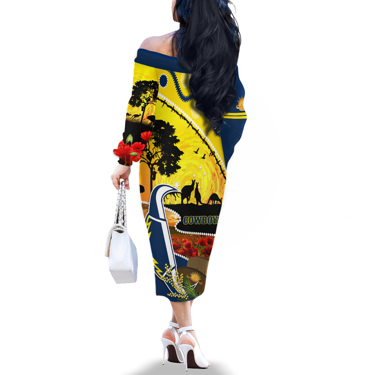 Cowboys ANZAC Day Family Matching Off Shoulder Long Sleeve Dress and Hawaiian Shirt Rosemary Starring Night Style