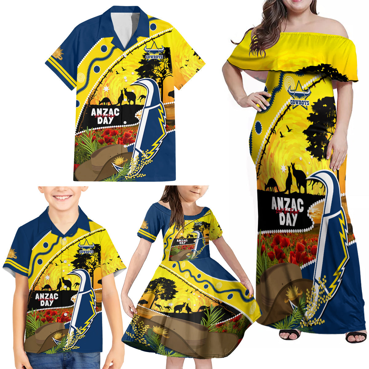 Cowboys ANZAC Day Family Matching Off Shoulder Maxi Dress and Hawaiian Shirt Rosemary Starring Night Style