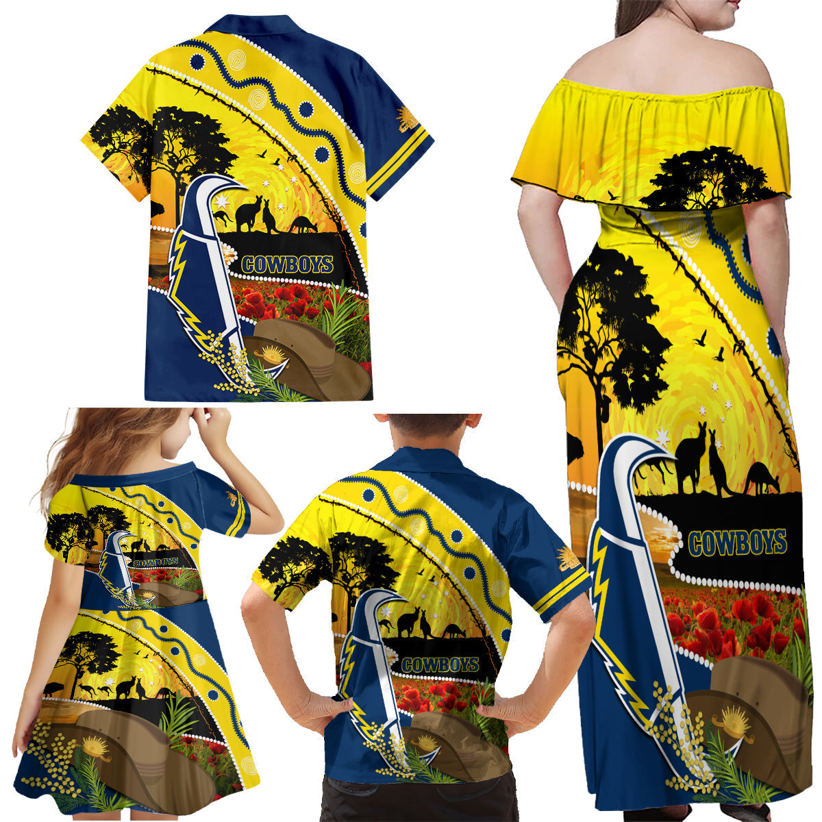 Cowboys ANZAC Day Family Matching Off Shoulder Maxi Dress and Hawaiian Shirt Rosemary Starring Night Style