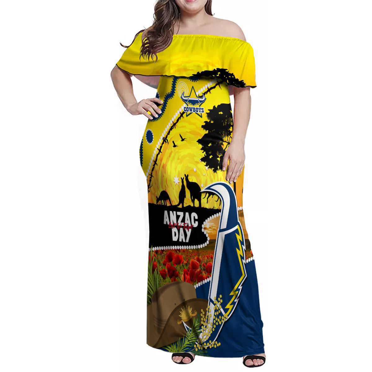 Cowboys ANZAC Day Family Matching Off Shoulder Maxi Dress and Hawaiian Shirt Rosemary Starring Night Style
