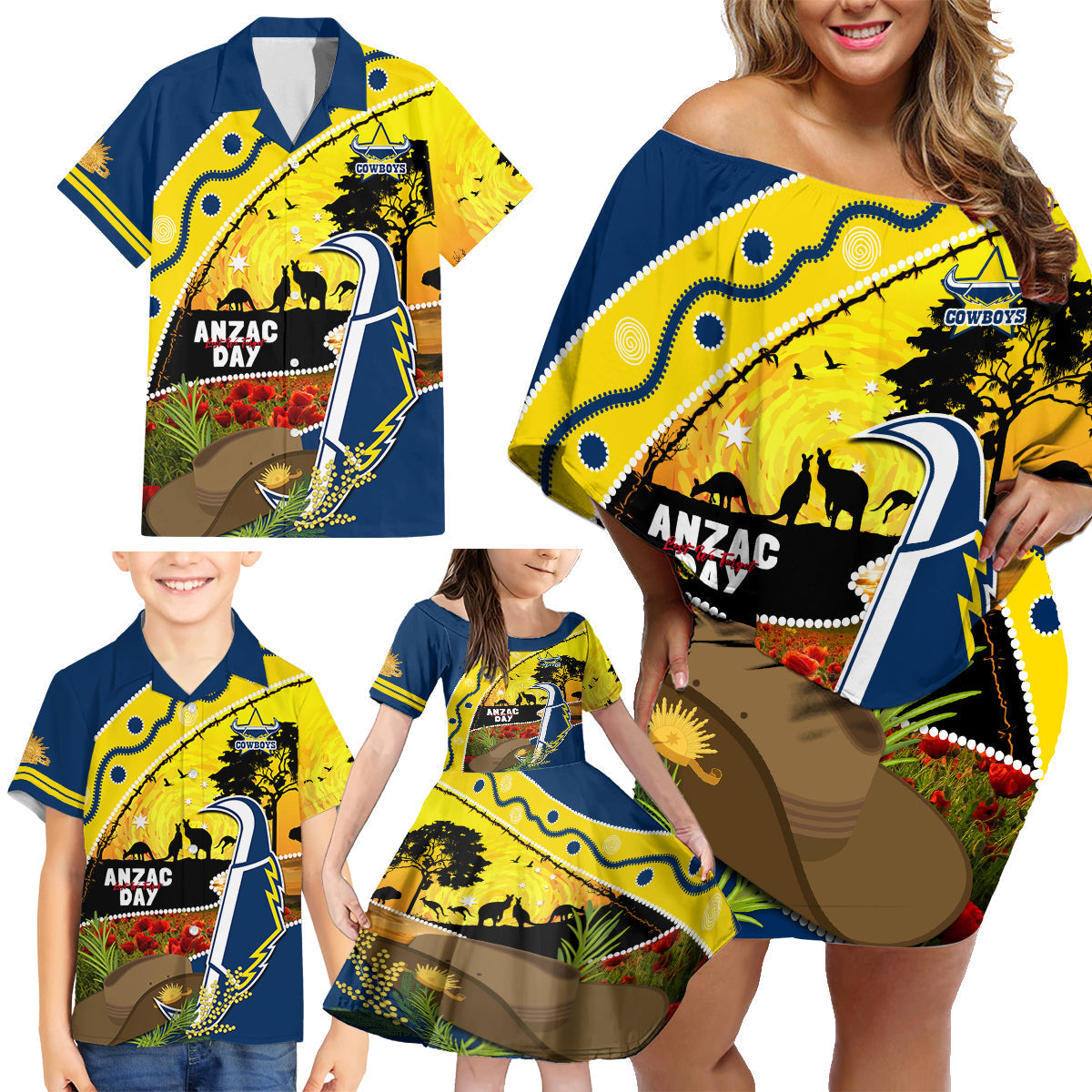 Cowboys ANZAC Day Family Matching Off Shoulder Short Dress and Hawaiian Shirt Rosemary Starring Night Style