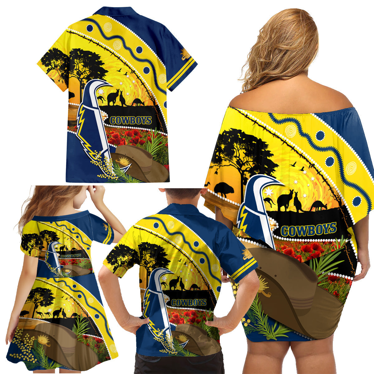 Cowboys ANZAC Day Family Matching Off Shoulder Short Dress and Hawaiian Shirt Rosemary Starring Night Style