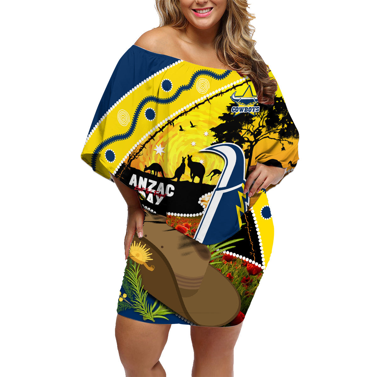 Cowboys ANZAC Day Family Matching Off Shoulder Short Dress and Hawaiian Shirt Rosemary Starring Night Style