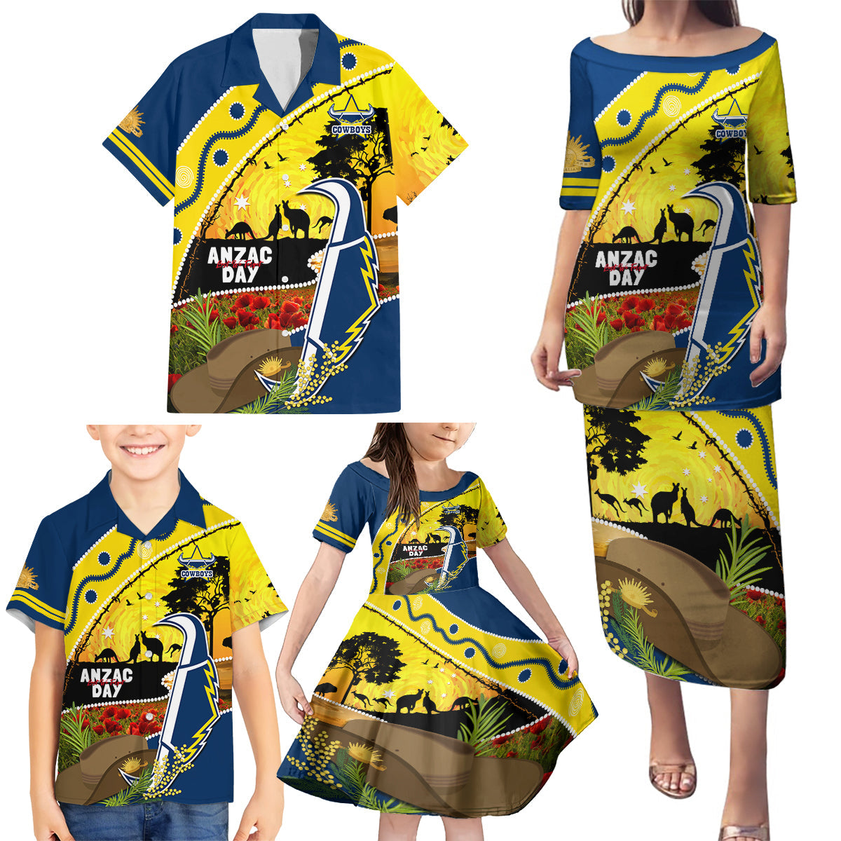 Cowboys ANZAC Day Family Matching Puletasi and Hawaiian Shirt Rosemary Starring Night Style