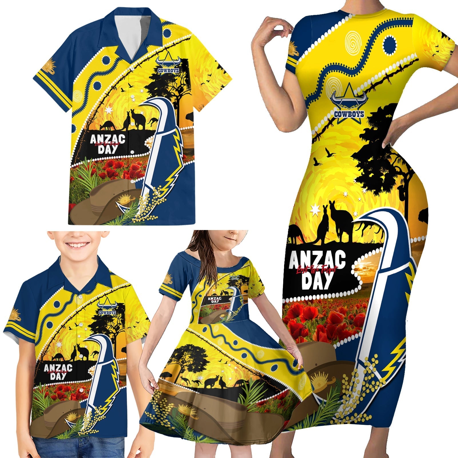 Cowboys ANZAC Day Family Matching Short Sleeve Bodycon Dress and Hawaiian Shirt Rosemary Starring Night Style