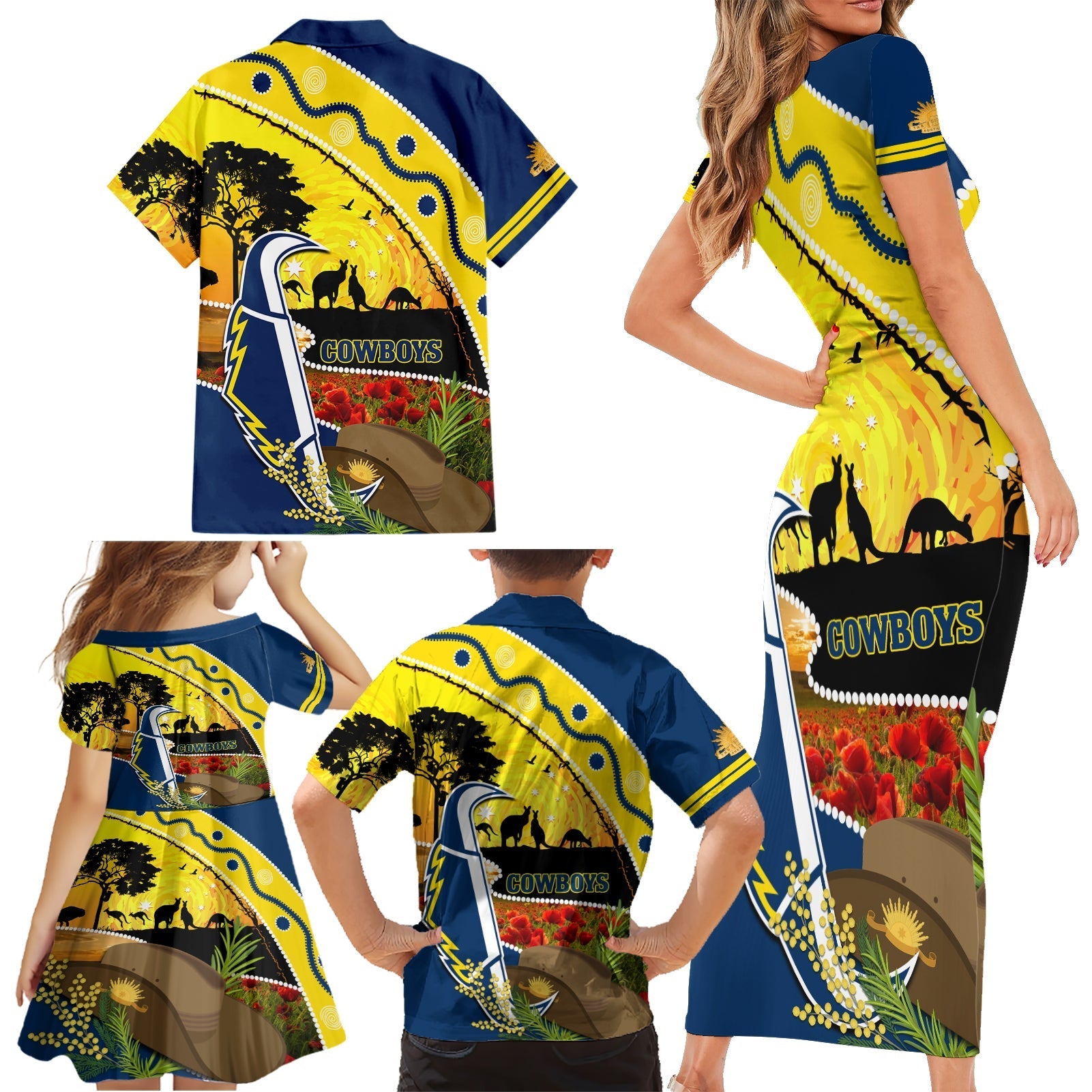 Cowboys ANZAC Day Family Matching Short Sleeve Bodycon Dress and Hawaiian Shirt Rosemary Starring Night Style