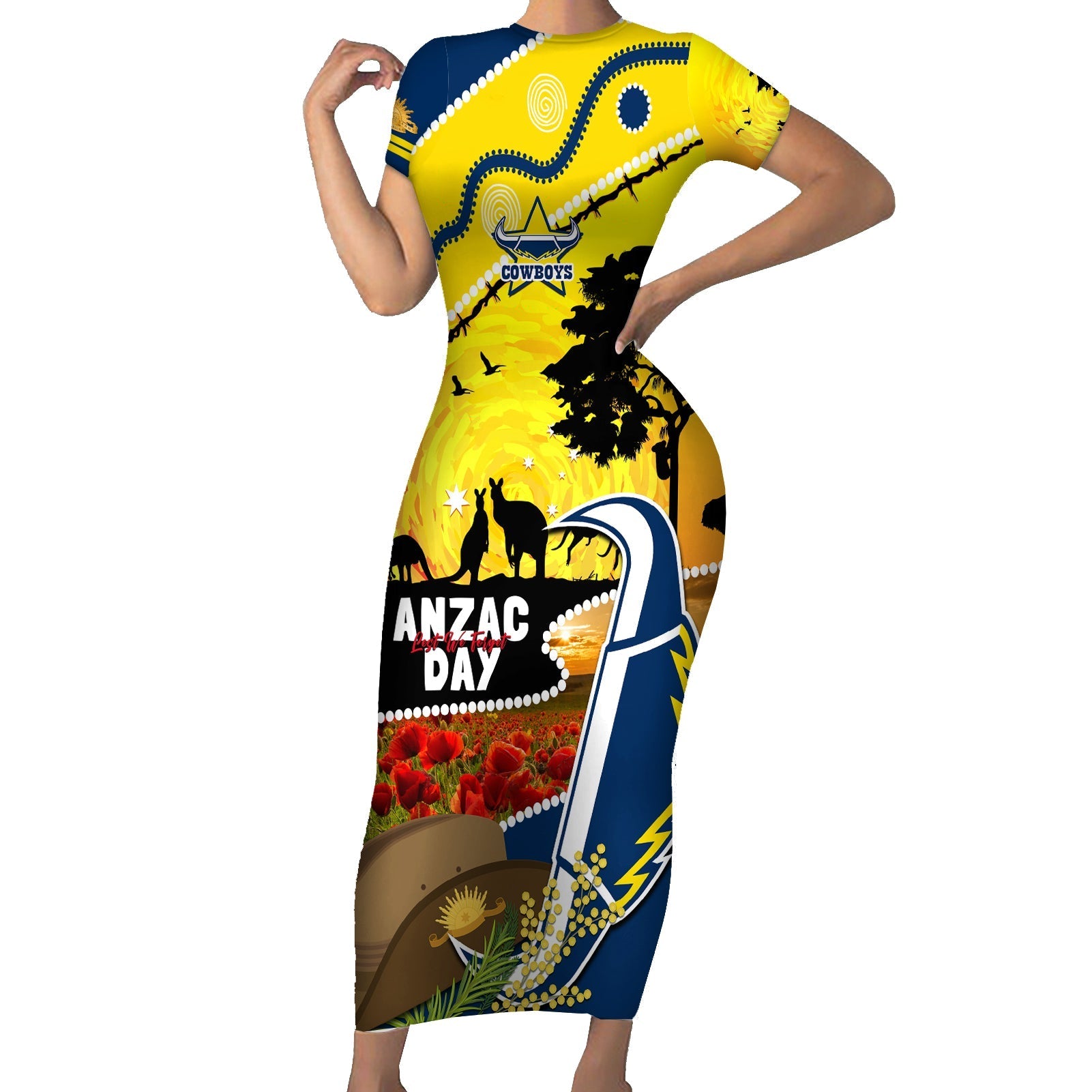 Cowboys ANZAC Day Family Matching Short Sleeve Bodycon Dress and Hawaiian Shirt Rosemary Starring Night Style