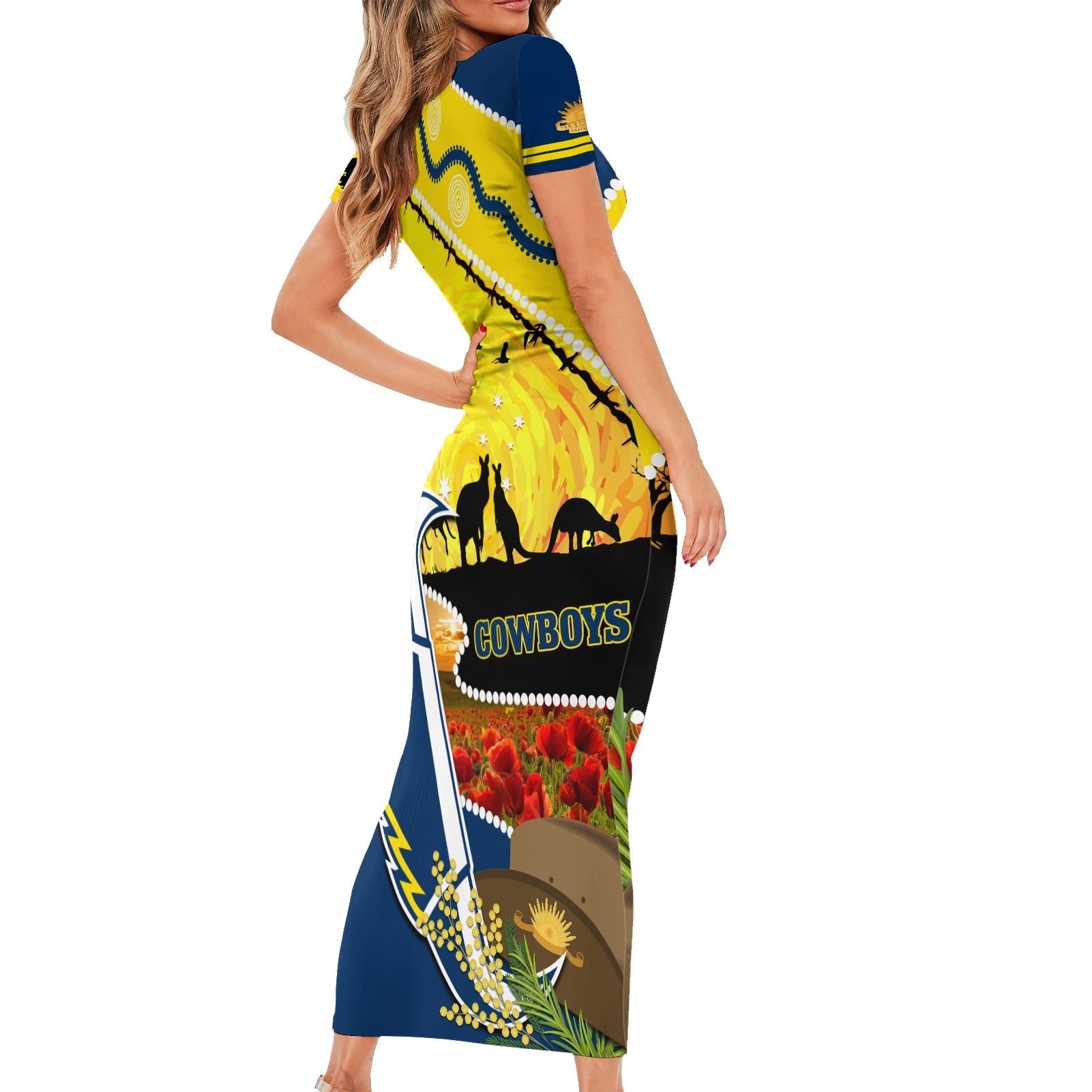 Cowboys ANZAC Day Family Matching Short Sleeve Bodycon Dress and Hawaiian Shirt Rosemary Starring Night Style