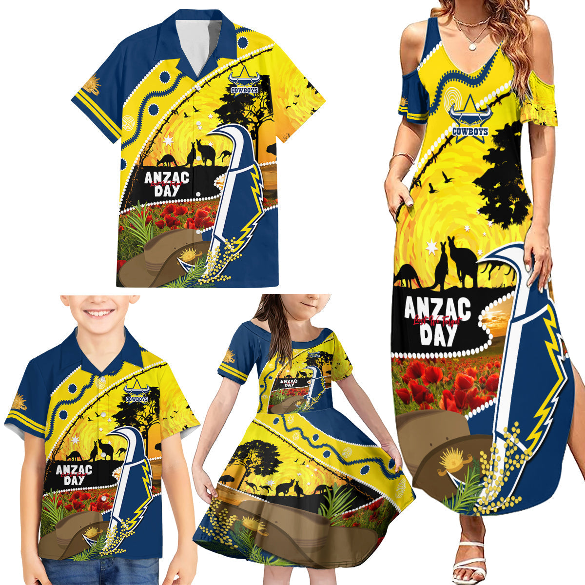 Cowboys ANZAC Day Family Matching Summer Maxi Dress and Hawaiian Shirt Rosemary Starring Night Style