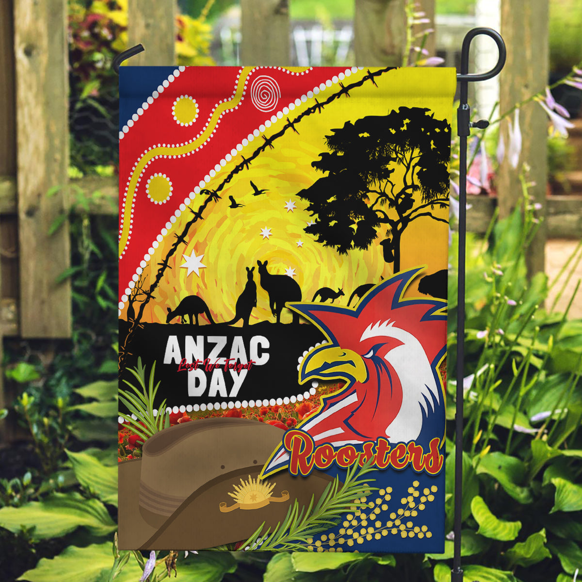 Roosters ANZAC Day Garden Flag Rosemary Starring Night Style - Vibe Hoodie Shop