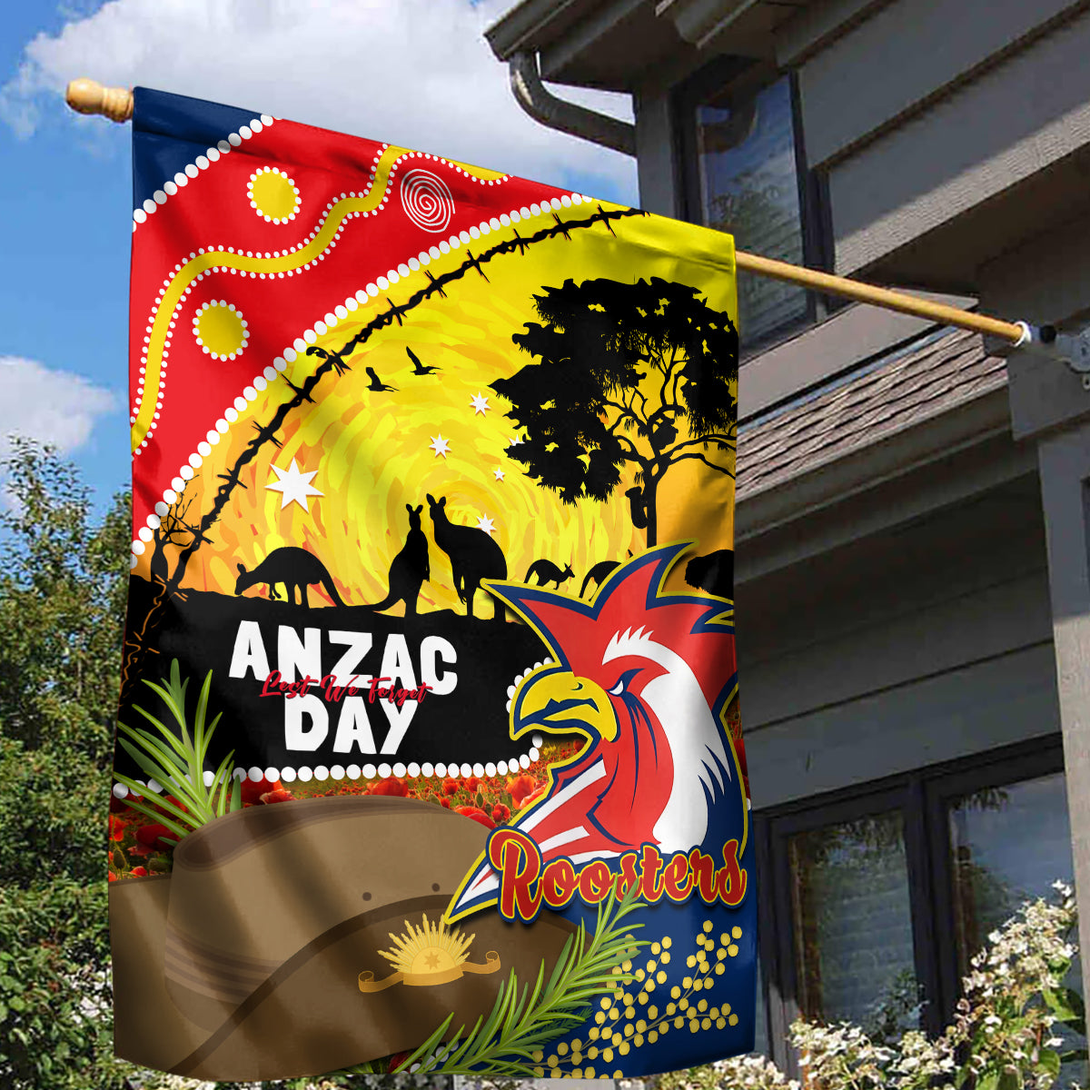 Roosters ANZAC Day Garden Flag Rosemary Starring Night Style - Vibe Hoodie Shop