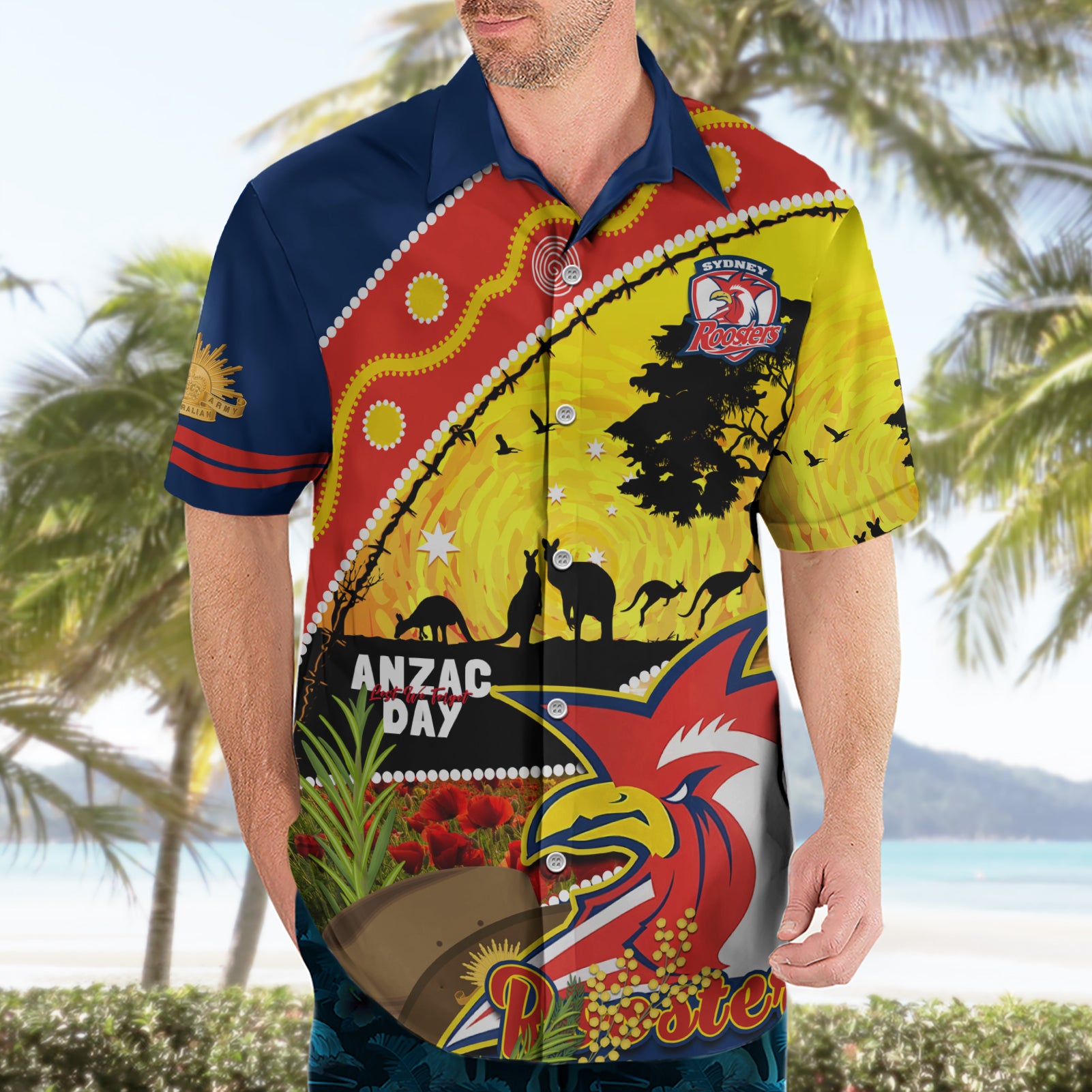 Roosters ANZAC Day Hawaiian Shirt Rosemary Starring Night Style - Vibe Hoodie Shop