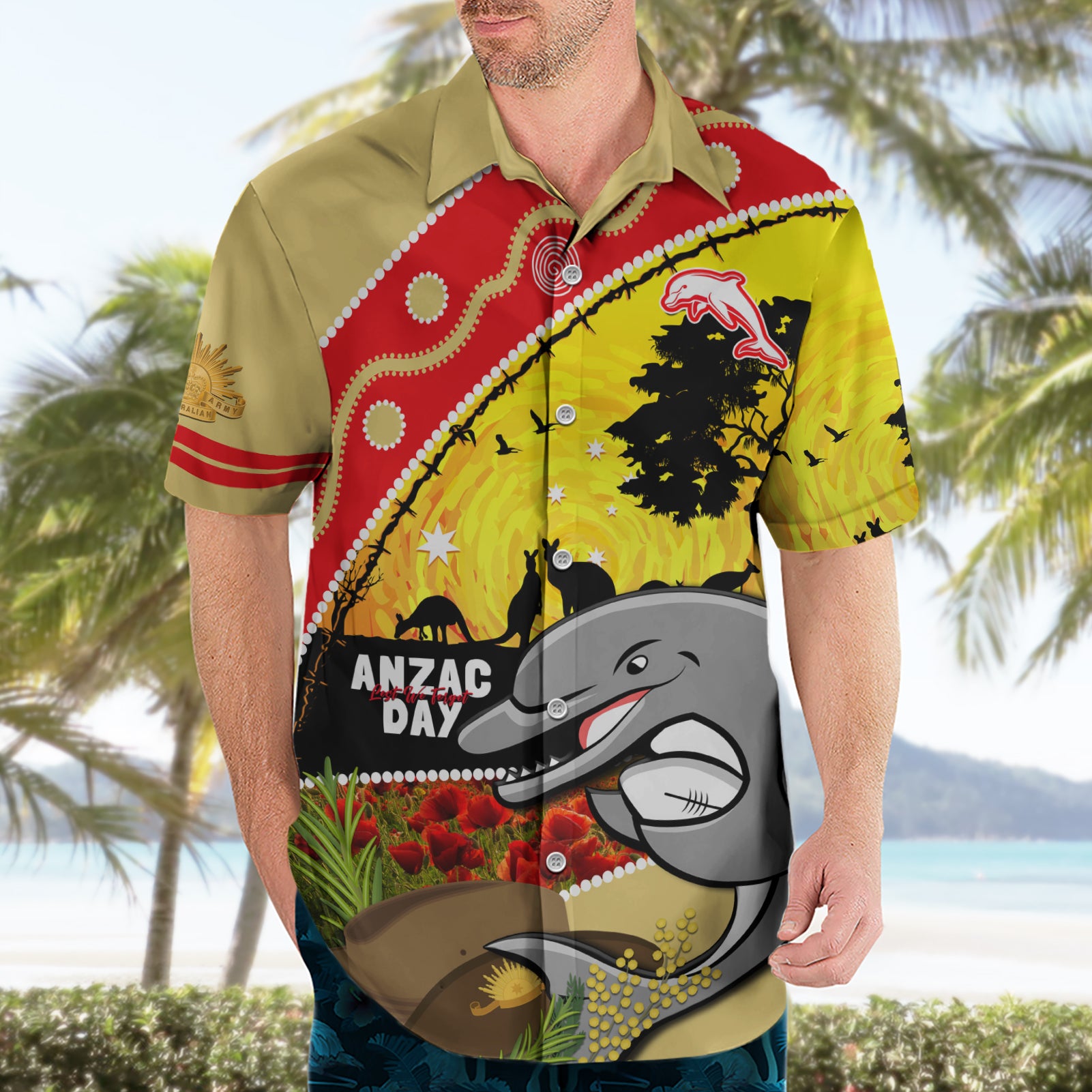 Dolphins ANZAC Day Hawaiian Shirt Rosemary Starring Night Style - Vibe Hoodie Shop