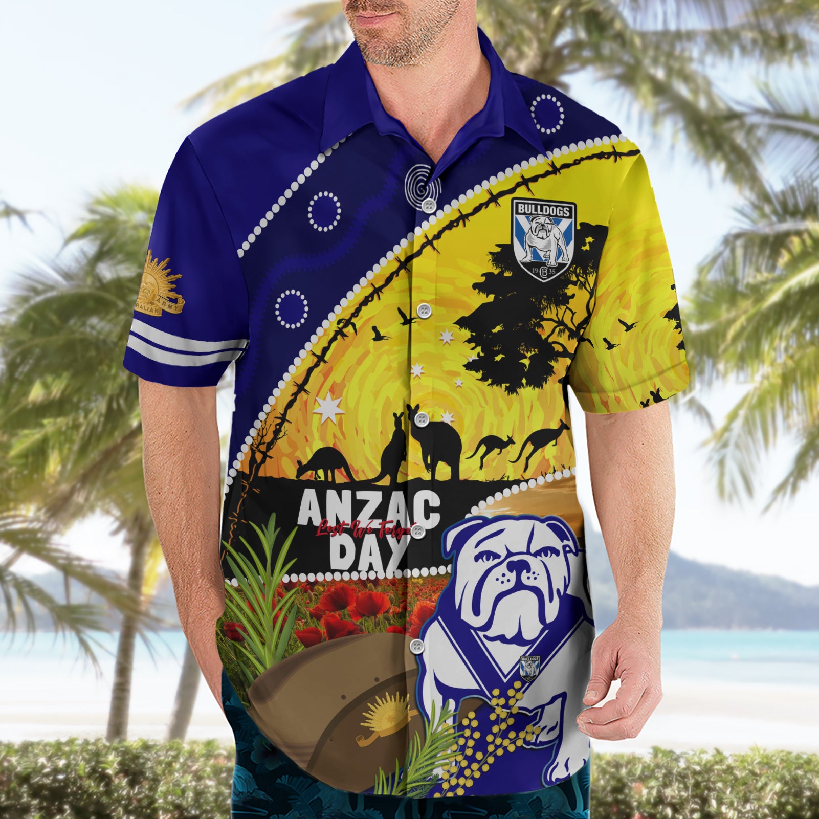 Bulldogs ANZAC Day Hawaiian Shirt Rosemary Starring Night Style - Vibe Hoodie Shop