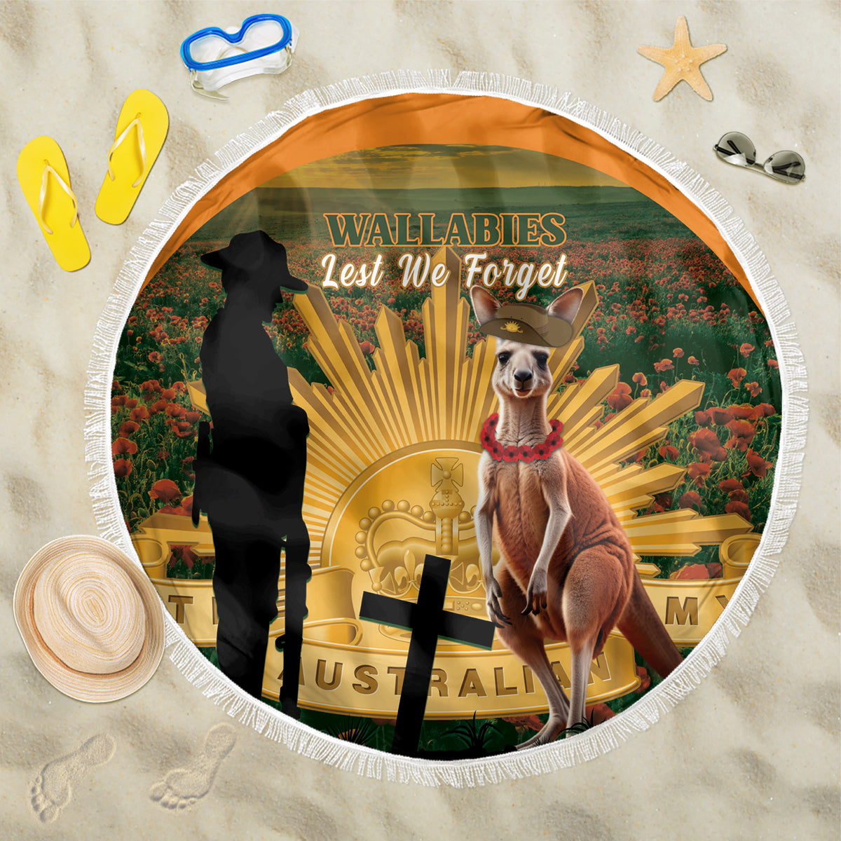 Australia Wallabies Rugby ANZAC Day Beach Blanket 2024 Lest We Forget