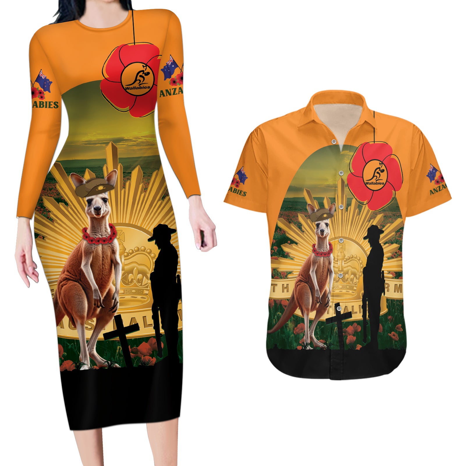 Australia Wallabies Rugby ANZAC Day Couples Matching Long Sleeve Bodycon Dress and Hawaiian Shirt 2024 Lest We Forget