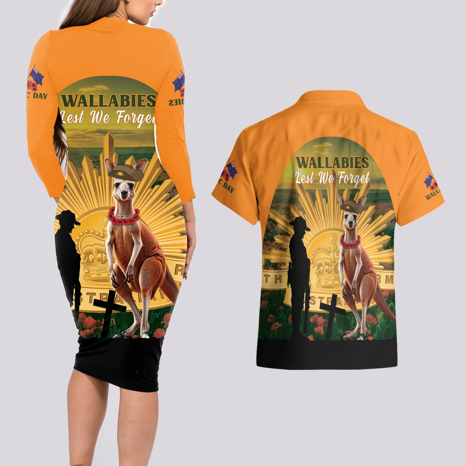 Australia Wallabies Rugby ANZAC Day Couples Matching Long Sleeve Bodycon Dress and Hawaiian Shirt 2024 Lest We Forget