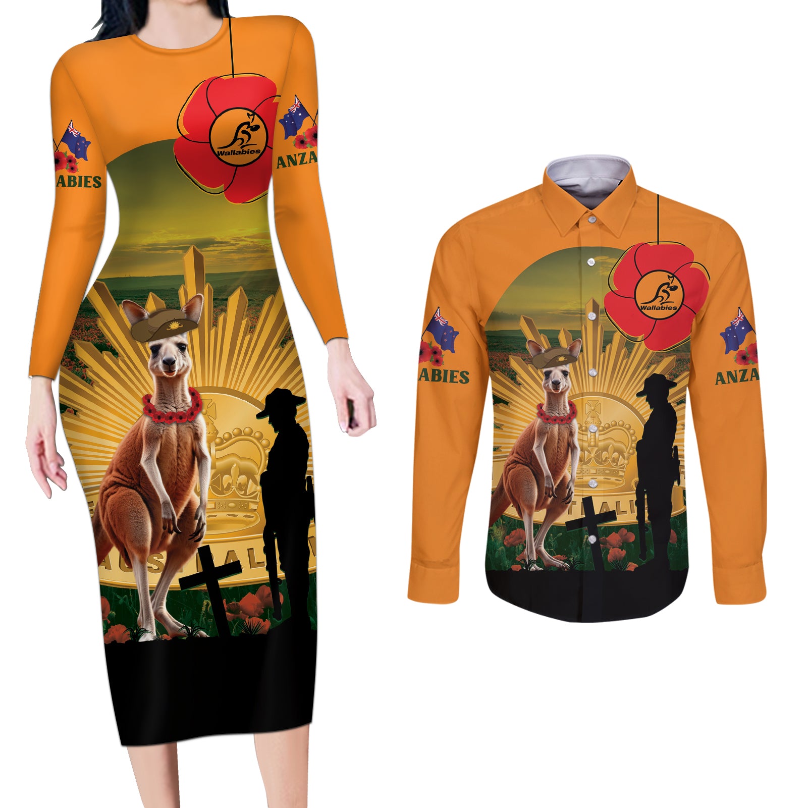 Australia Wallabies Rugby ANZAC Day Couples Matching Long Sleeve Bodycon Dress and Long Sleeve Button Shirt 2024 Lest We Forget