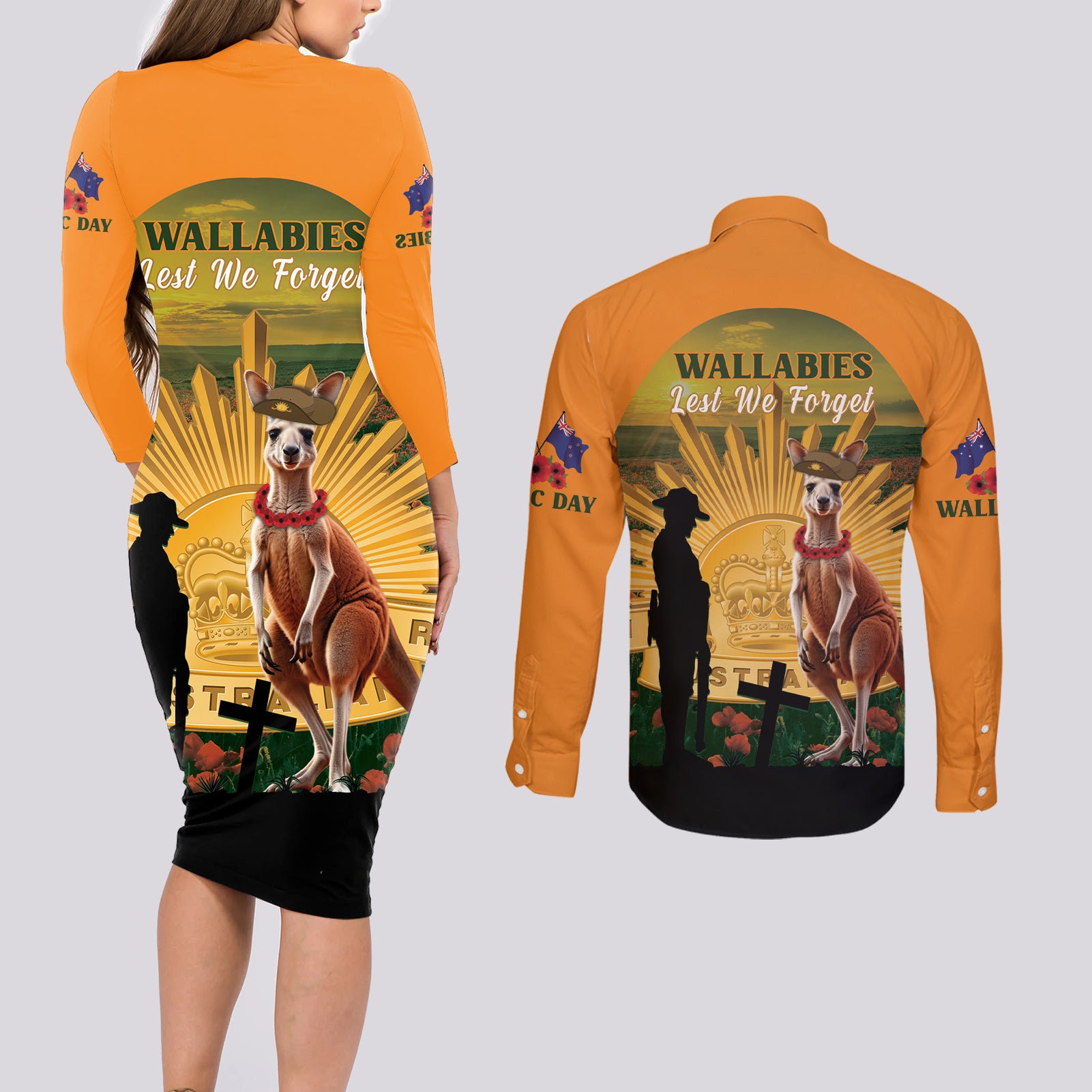 Australia Wallabies Rugby ANZAC Day Couples Matching Long Sleeve Bodycon Dress and Long Sleeve Button Shirt 2024 Lest We Forget