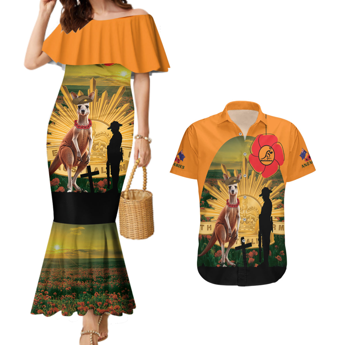 Australia Wallabies Rugby ANZAC Day Couples Matching Mermaid Dress and Hawaiian Shirt 2024 Lest We Forget