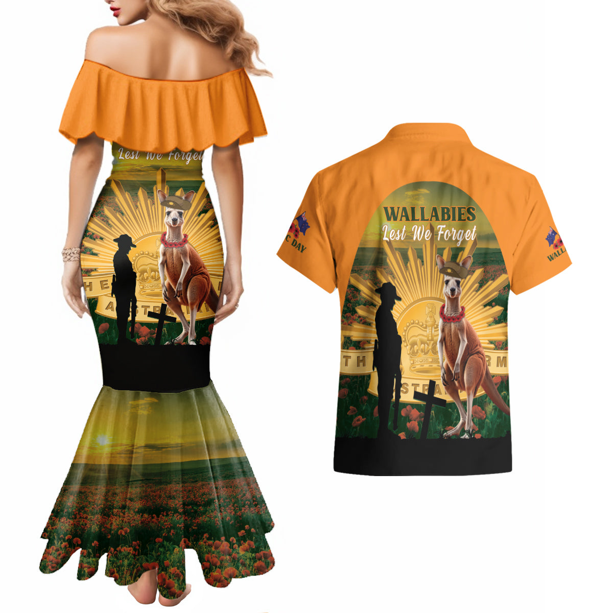 Australia Wallabies Rugby ANZAC Day Couples Matching Mermaid Dress and Hawaiian Shirt 2024 Lest We Forget
