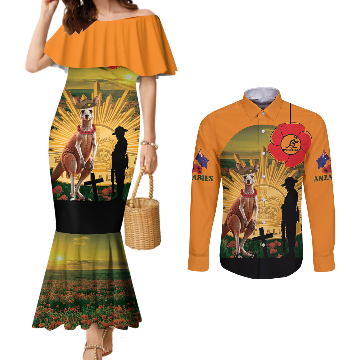 Australia Wallabies Rugby ANZAC Day Couples Matching Mermaid Dress and Long Sleeve Button Shirt 2024 Lest We Forget
