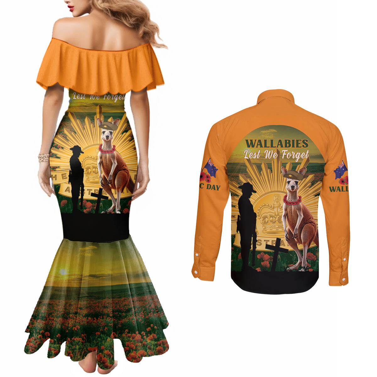 Australia Wallabies Rugby ANZAC Day Couples Matching Mermaid Dress and Long Sleeve Button Shirt 2024 Lest We Forget
