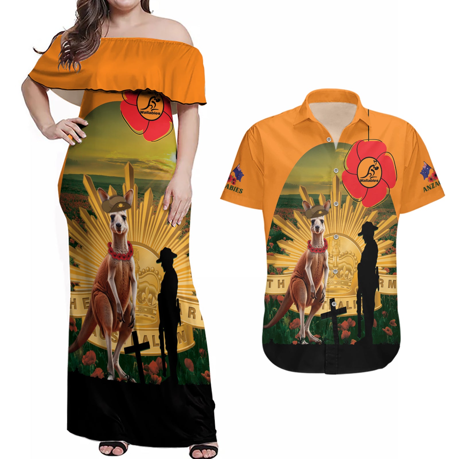 Australia Wallabies Rugby ANZAC Day Couples Matching Off Shoulder Maxi Dress and Hawaiian Shirt 2024 Lest We Forget