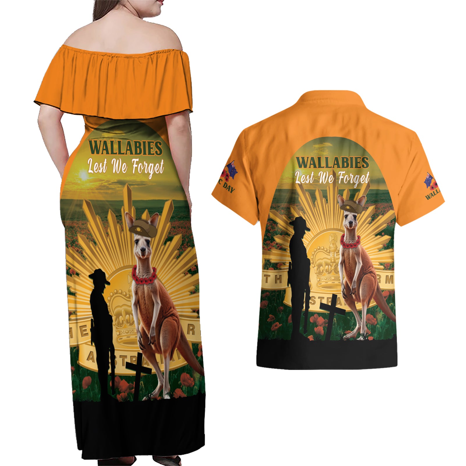 Australia Wallabies Rugby ANZAC Day Couples Matching Off Shoulder Maxi Dress and Hawaiian Shirt 2024 Lest We Forget