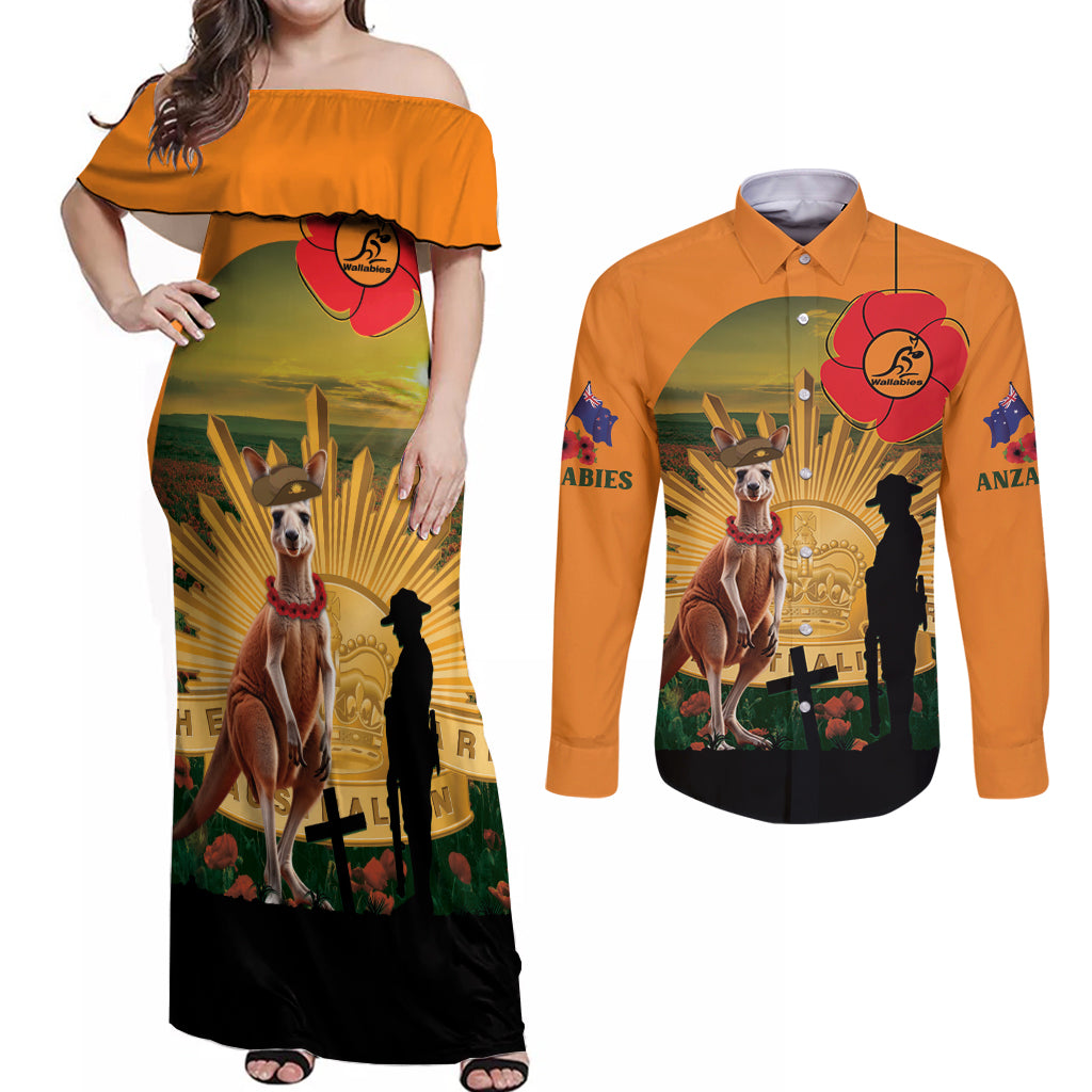 Australia Wallabies Rugby ANZAC Day Couples Matching Off Shoulder Maxi Dress and Long Sleeve Button Shirt 2024 Lest We Forget